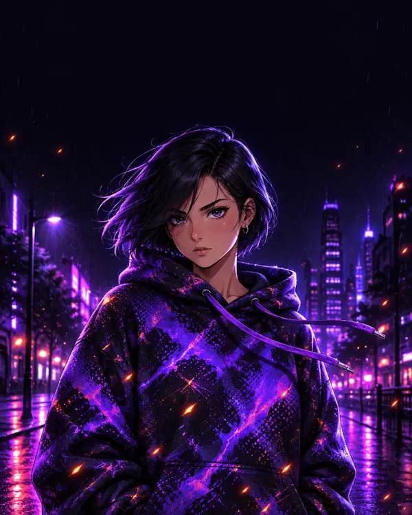 Ilustración de una fan con polerón sublimado violeta en la ciudad de noche
