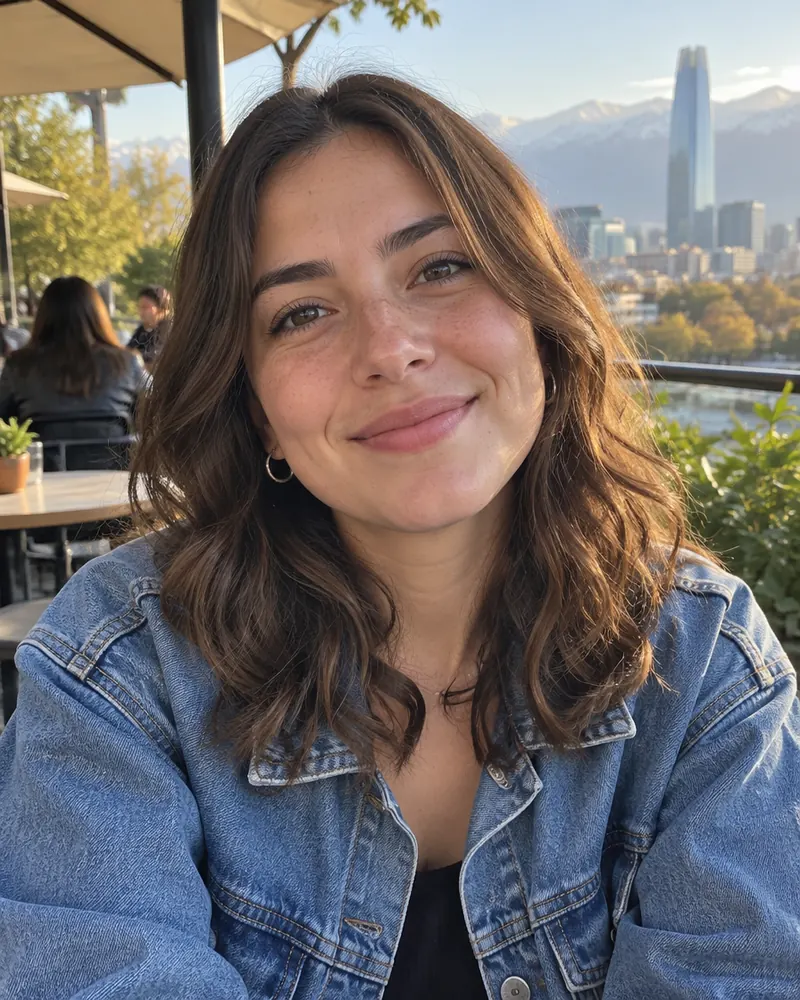 Foto de una chica sonriendo en una terraza de Santiago