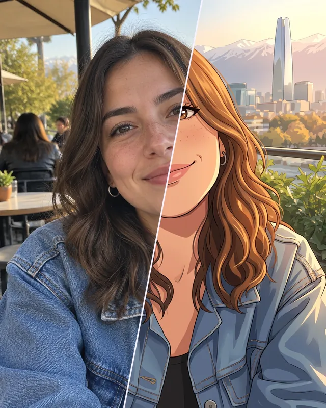 La misma chica en foto y dibujada en estilo anime, dividida en diagonal
