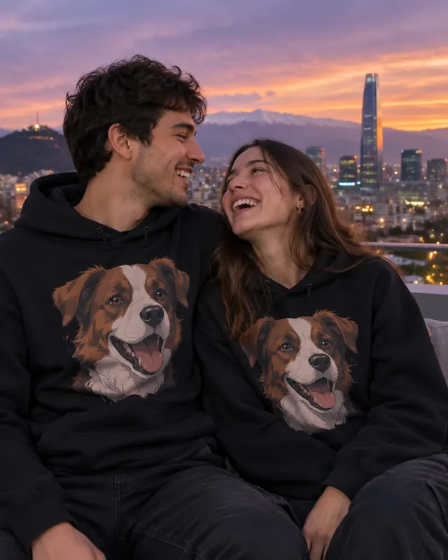 Pareja con polerones que llevan el retrato de su perro