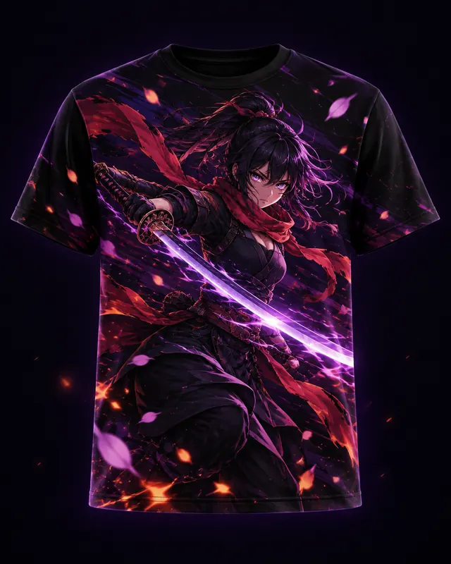 Polera negra con una espadachina original en estilo anime