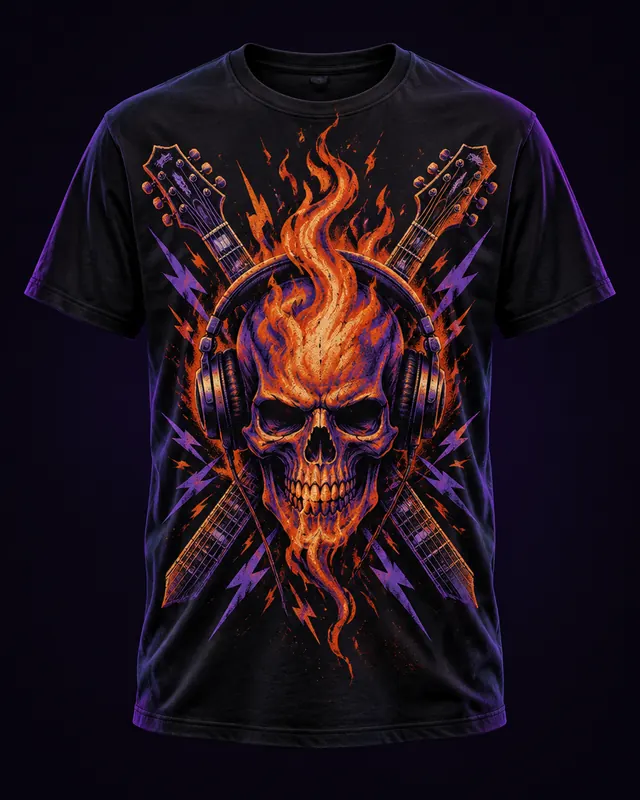Polera con una calavera en llamas con audífonos y guitarras