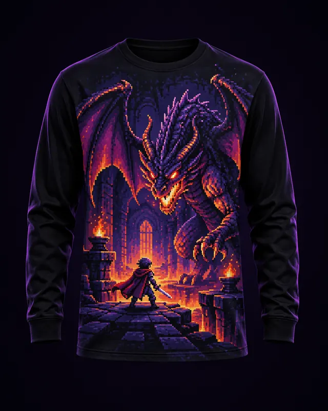 Polera manga larga con un aventurero pixel frente a un dragón
