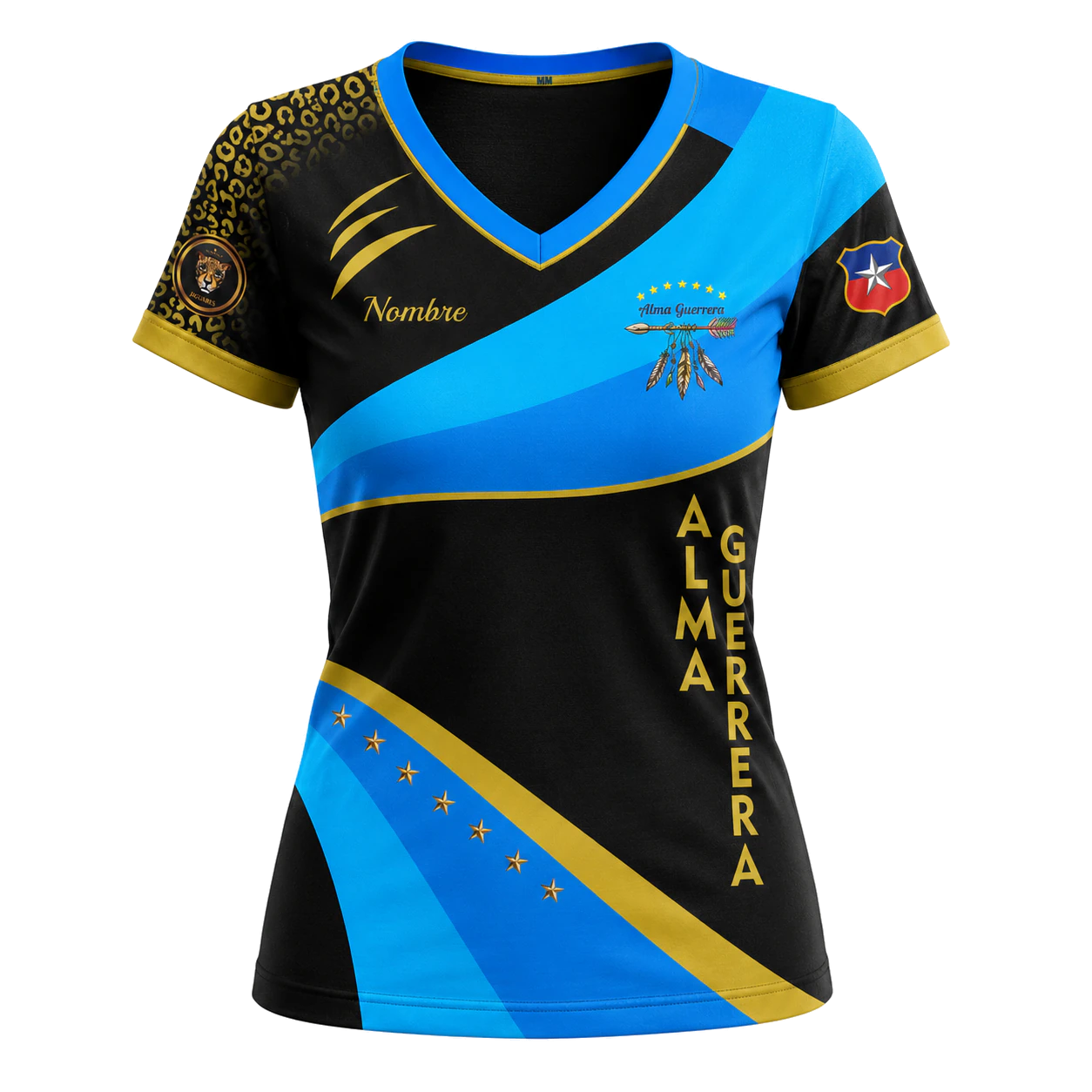 Polera femenina Tobas Jaguares Alma Guerrera, azul, negra y dorada con print de jaguar