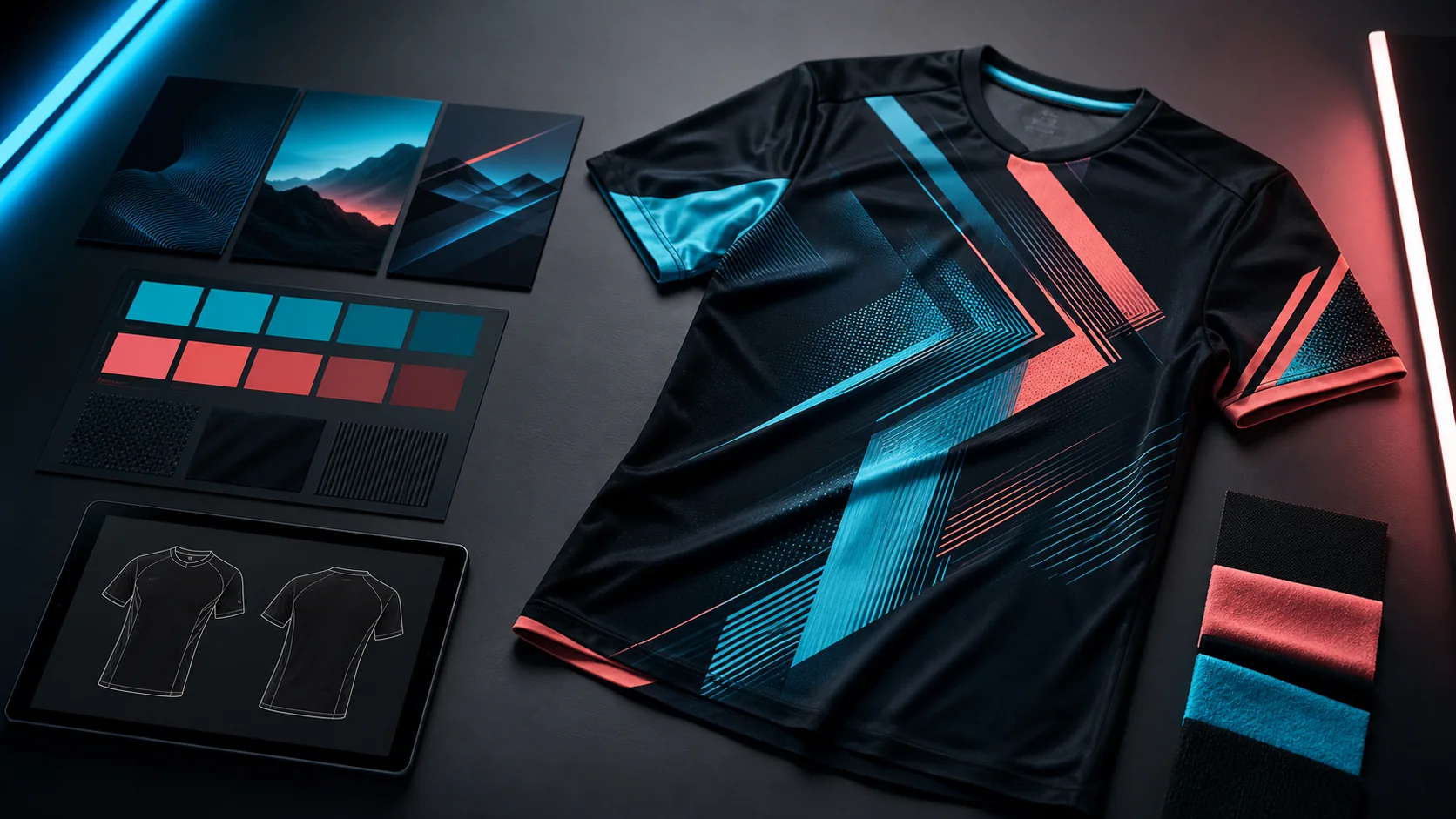 Referencias de color y composición junto a una polera sublimada terminada